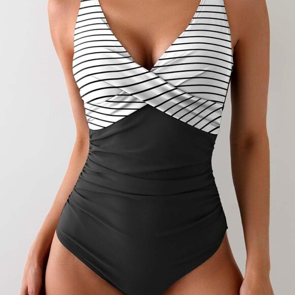 Women's One Piece Swimsuit Black and White Stripe, Xx-large - Picture 3 of 5